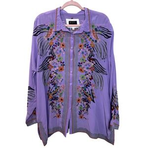 BIYA‎ Johnny Was Lavender Purple Embroidered Audrey Oversized Blouse Large Boho